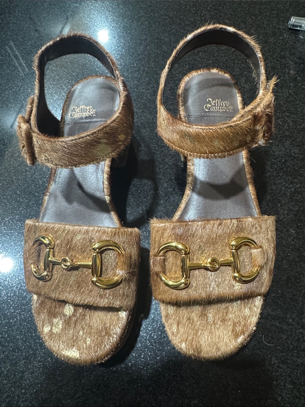 Jeffrey Campbell Brown Faux-Hair Platform Sandals Gold Horsebit Hardware 7.5